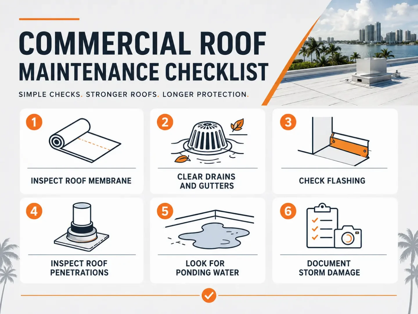 Commercial roof maintenance checklist infographic with six essential inspection points for leak prevention and roof care