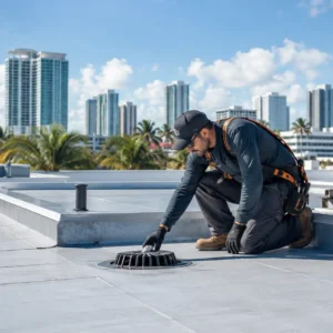 Commercial roofing technician inspecting drainage on a flat commercial roof in South Florida