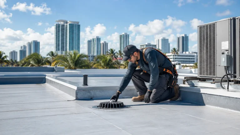 Commercial roofing technician inspecting drainage on a flat commercial roof in South Florida