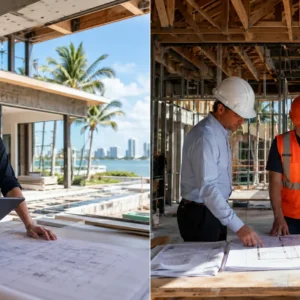 Professional construction team reviewing design-build plans at a South Florida jobsite