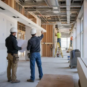 SWC Builders construction team reviewing plans inside a commercial renovation project