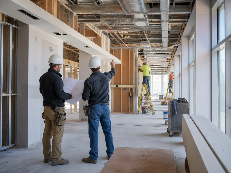 SWC Builders construction team reviewing plans inside a commercial renovation project