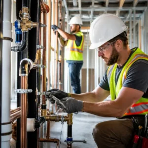 SWC Builders technician working on plumbing pipes during an interior construction project