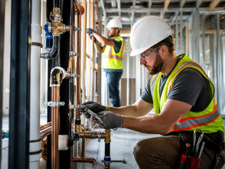 SWC Builders technician working on plumbing pipes during an interior construction project
