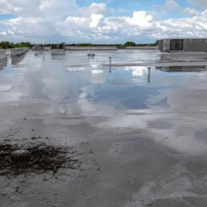 Ponding water on a commercial flat roof after heavy rain in South Florida