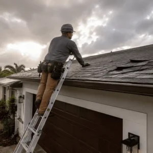 Roofing professional inspecting storm damage on a South Florida home