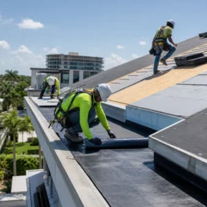 SWC Builders roofing crew installing waterproofing materials on a building roof