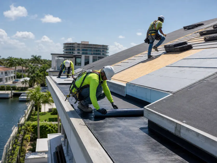 SWC Builders roofing crew installing waterproofing materials on a building roof