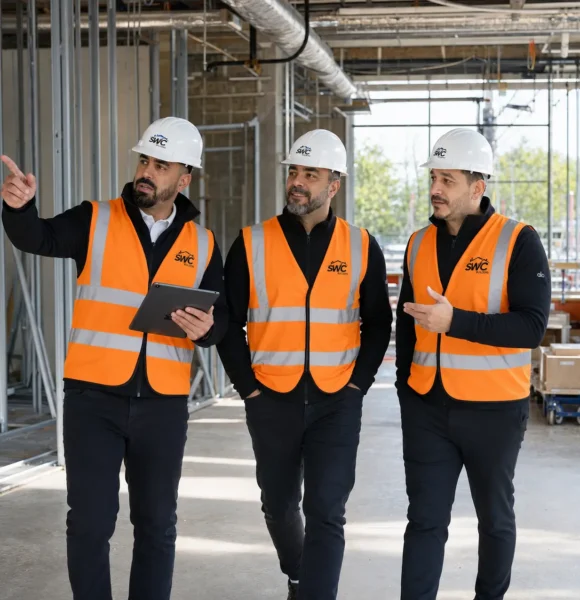 SWC Builders team walking through an active construction site while reviewing project progress