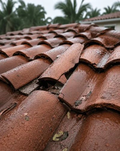 Cracked and displaced barrel roof tiles after a South Florida storm