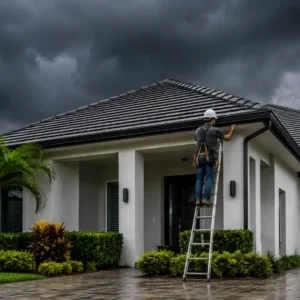 South Florida roofing technician inspecting a residential tile roof before storm season