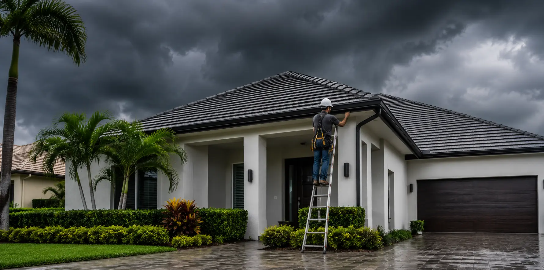 South Florida roofing technician inspecting a residential tile roof before storm season
