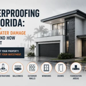 Modern Florida home protected against rain and water intrusion with waterproofing icons