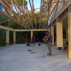 Detailed view of the structural connections and beams used in the Coconut Creek pavilion renovation project.