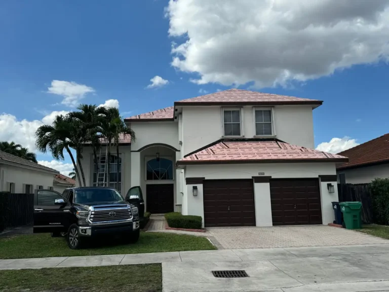 Close-up showing the professional finishing and attention to detail on the new Doral clay tile roof.